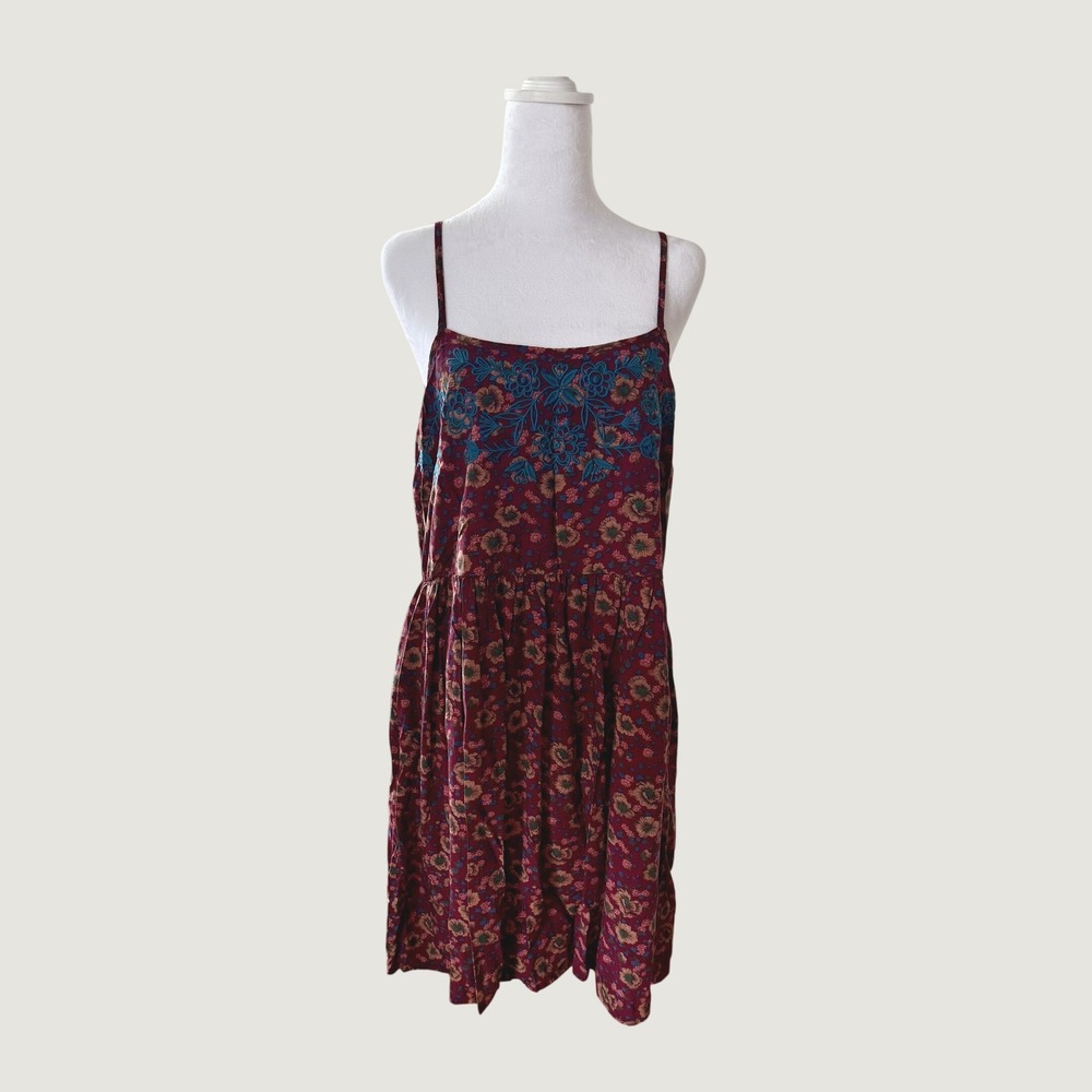 Natural Life Burgundy Floral Embroidered Boho Mini Dress Womens Medium Burgundy